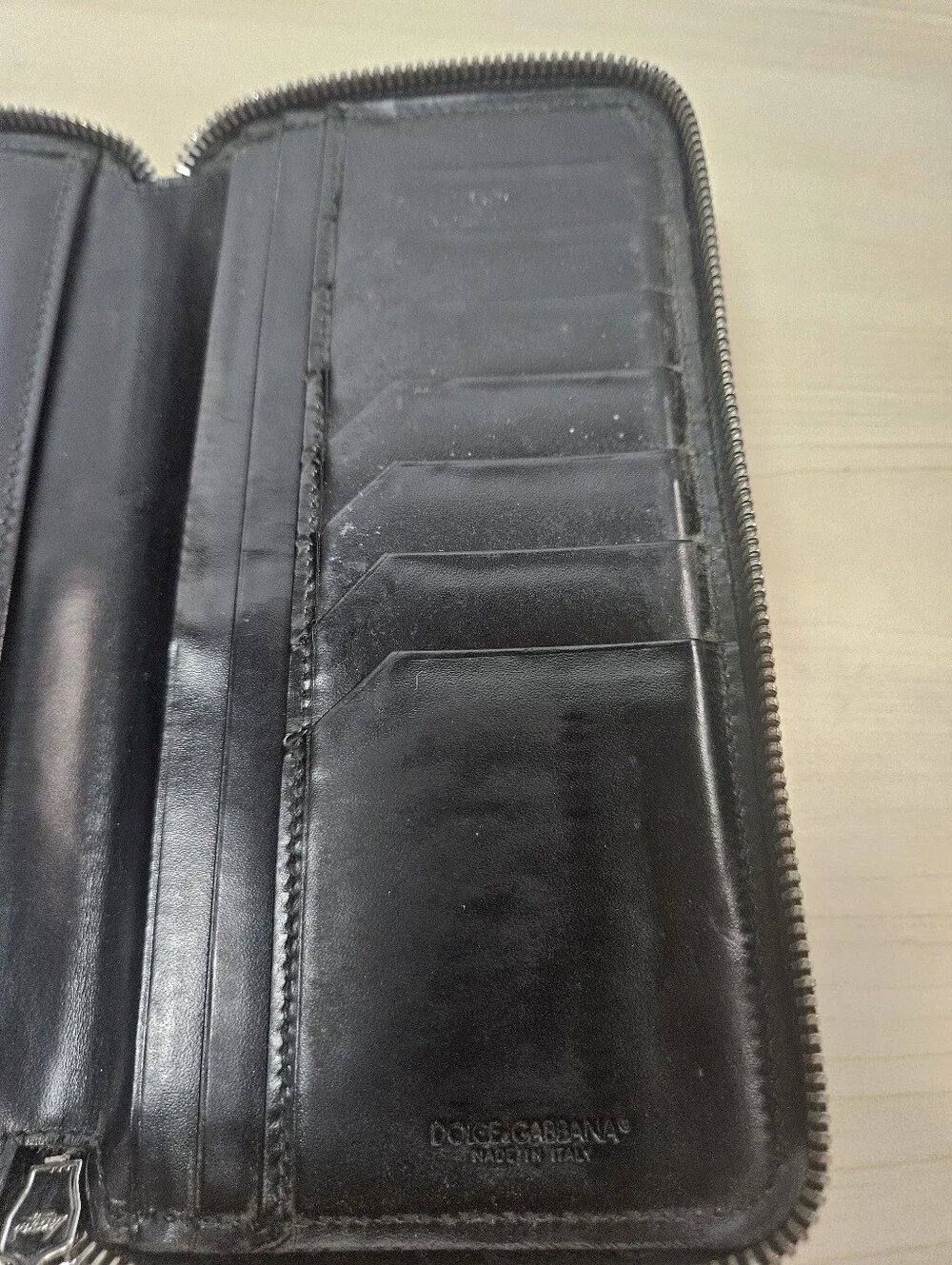 DOLCE & GABBANA Italian Leather Long Wallet Black Zippered Bifold